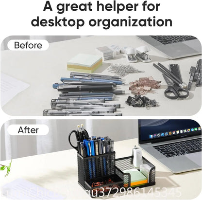 Black Mesh Desk Organizer 3‑Compartments Office Supply Caddy With Pencil Holder Storage Baskets Desktop Accessories Office Workspace Organizer